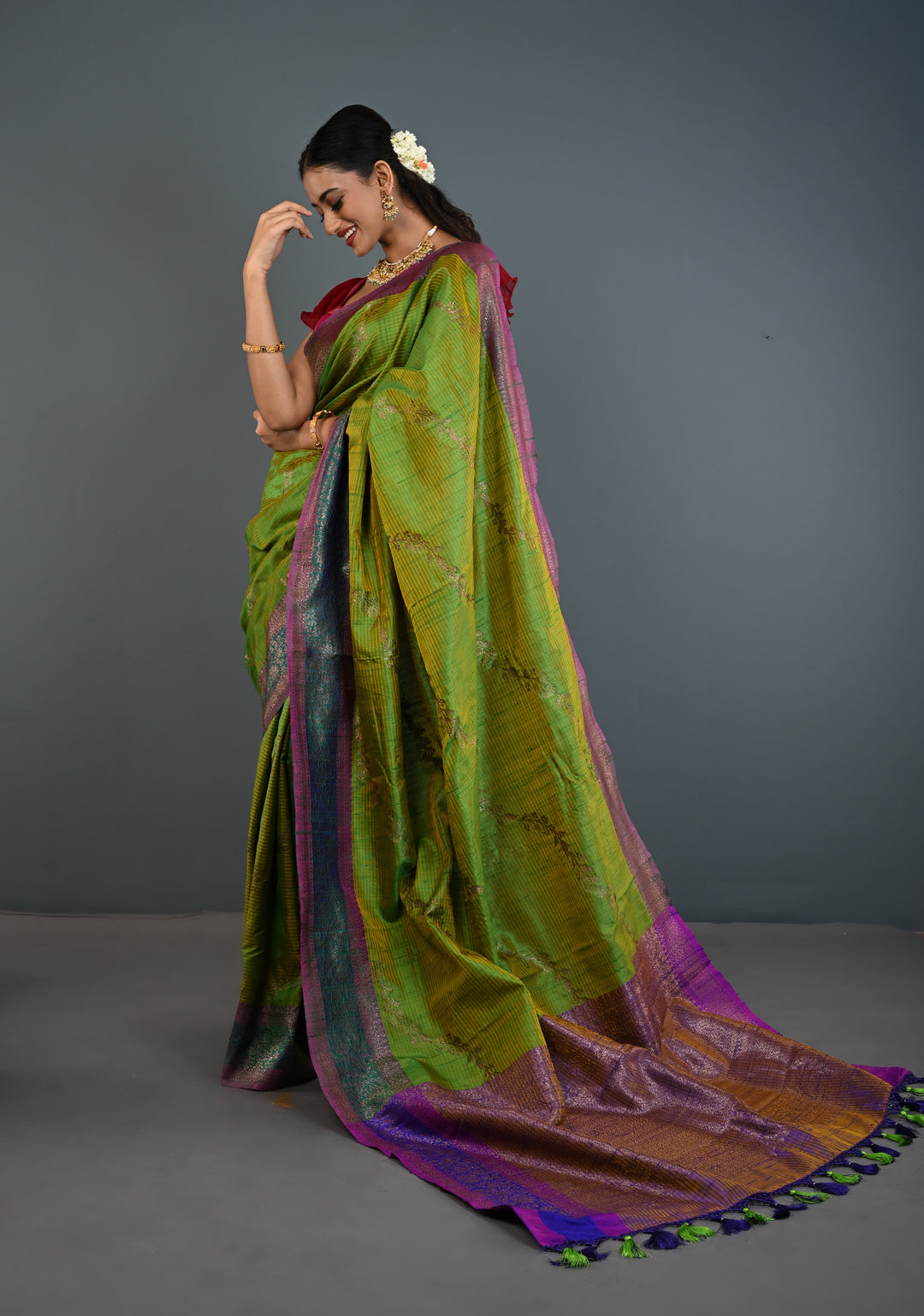 Green -Yellow Dual Tone Dupion Banarasi Pure Silk Saree with Jungla Leheria Jaal Pattern and Antique Zari Borders | SILK MARK CERTIFIED