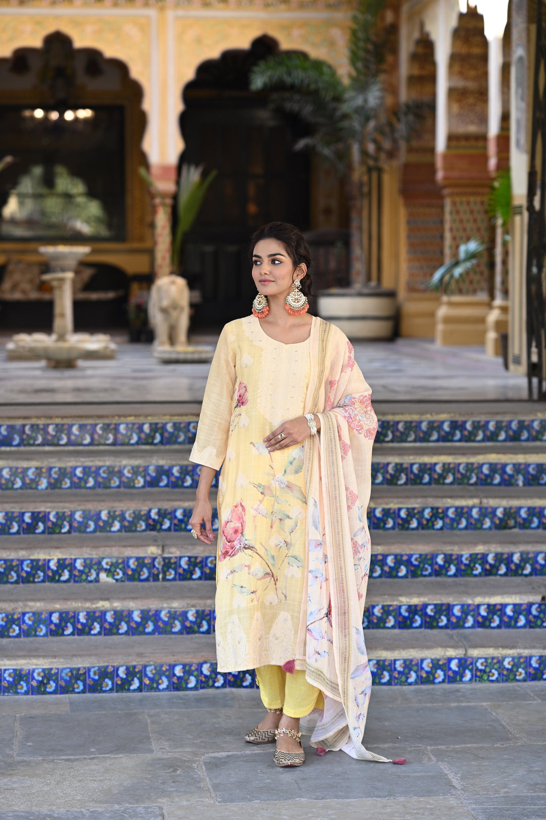 Yellow Pure Linen Floral Print Suit Set- SET OF-3 | SHOBITAM