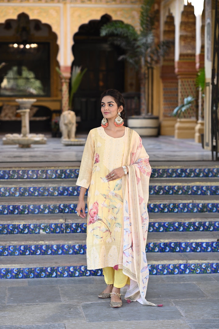 Yellow Pure Linen Floral Print Suit Set- SET OF-3 | SHOBITAM