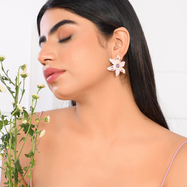 Flower Fantasy Petal Pink And Lavender Glitz Statement Studs  | SHOBITAM