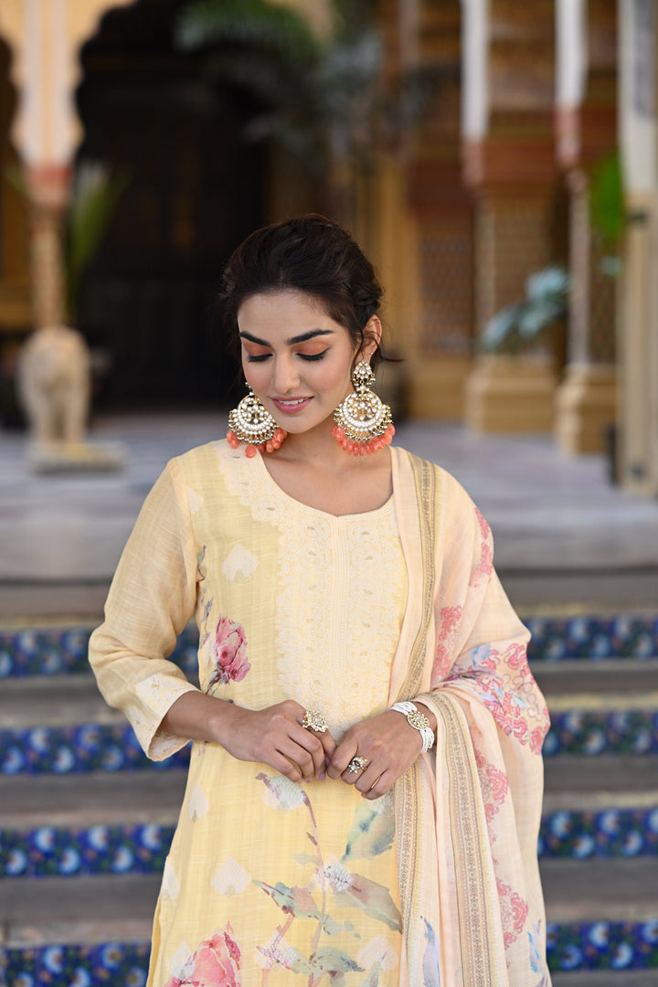 Yellow Pure Linen Floral Print Suit Set- SET OF-3 | SHOBITAM