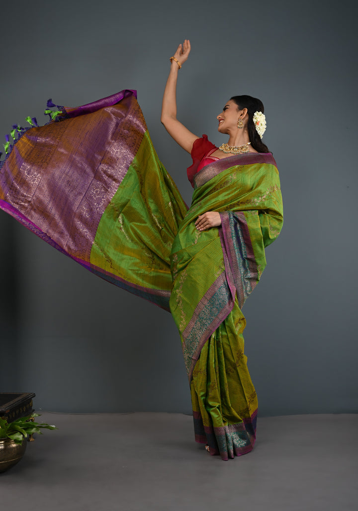 Green -Yellow Dual Tone Dupion Banarasi Pure Silk Saree with Jungla Leheria Jaal Pattern and Antique Zari Borders | SILK MARK CERTIFIED