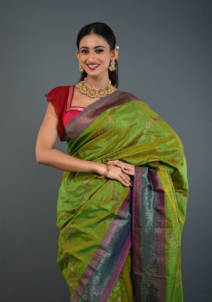 Green -Yellow Dual Tone Dupion Banarasi Pure Silk Saree with Jungla Leheria Jaal Pattern and Antique Zari Borders | SILK MARK CERTIFIED