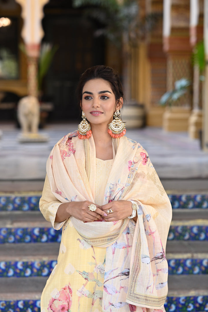 Yellow Pure Linen Floral Print Suit Set- SET OF-3 | SHOBITAM