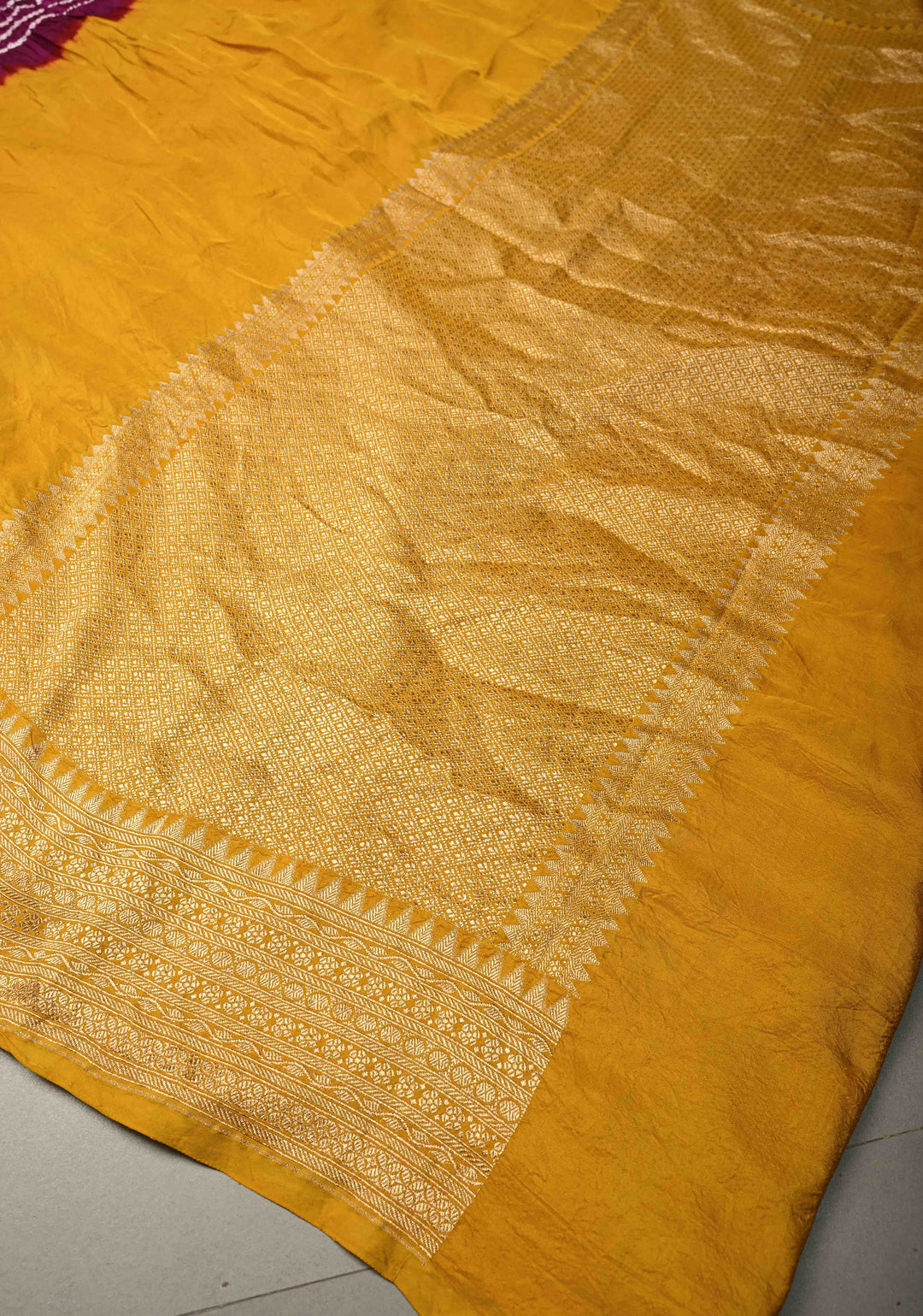 Golden Mustard Banarasi Mashru Silk Saree with Sarkam Bandhej in Shibori Mandala Design and and Zari Borders |  SILK MARK CERTIFIED | SHOBITAM