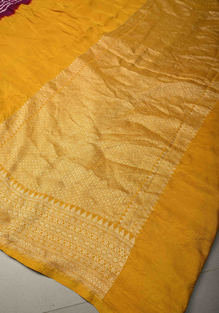 Golden Mustard Banarasi Mashru Silk Saree with Sarkam Bandhej in Shibori Mandala Design and and Zari Borders |  SILK MARK CERTIFIED | SHOBITAM