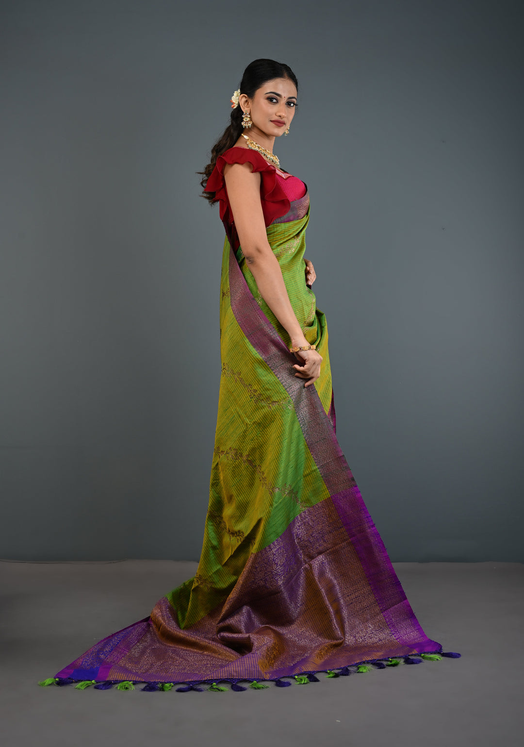 Green -Yellow Dual Tone Dupion Banarasi Pure Silk Saree with Jungla Leheria Jaal Pattern and Antique Zari Borders | SILK MARK CERTIFIED