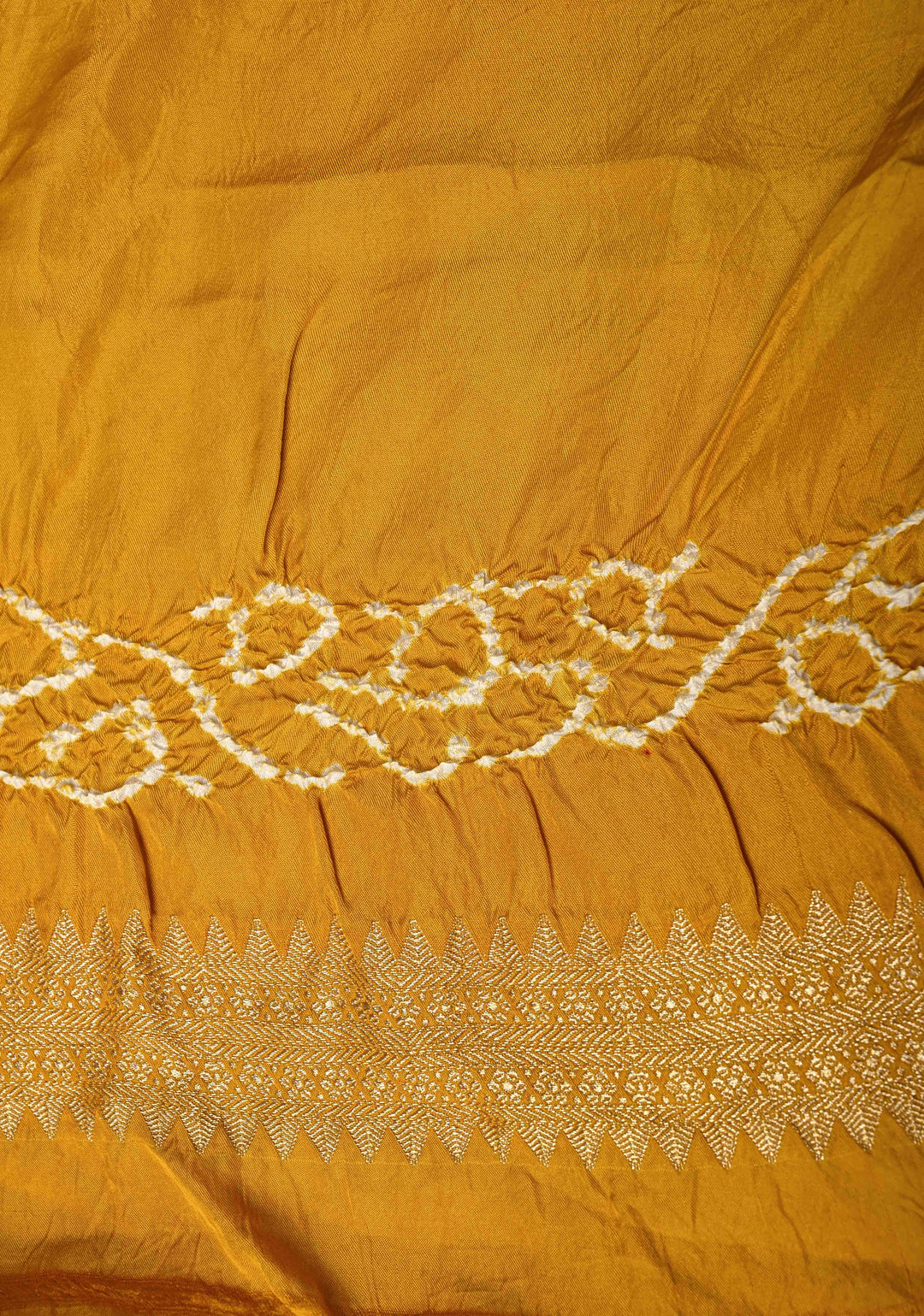 Golden Mustard Banarasi Mashru Silk Saree with Sarkam Bandhej in Shibori Mandala Design and and Zari Borders |  SILK MARK CERTIFIED | SHOBITAM