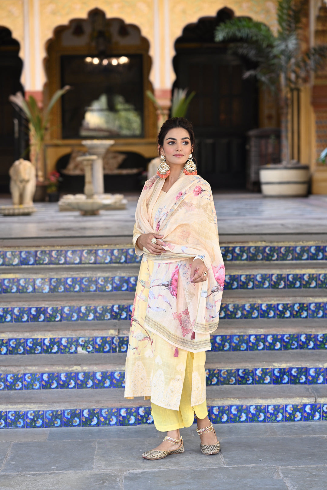 Yellow Pure Linen Floral Print Suit Set- SET OF-3 | SHOBITAM