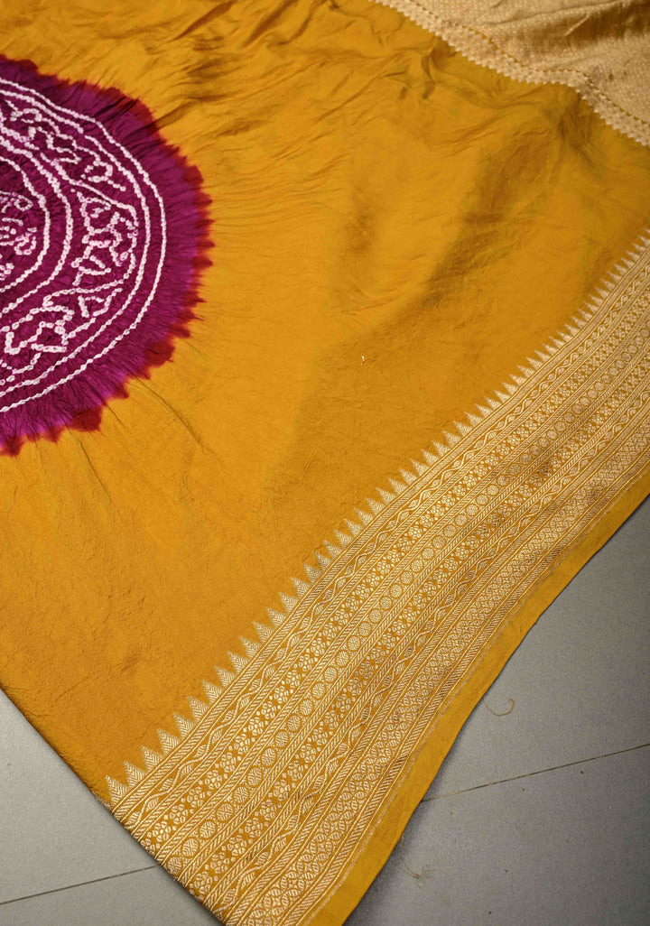 Golden Mustard Banarasi Mashru Silk Saree with Sarkam Bandhej in Shibori Mandala Design and and Zari Borders |  SILK MARK CERTIFIED | SHOBITAM