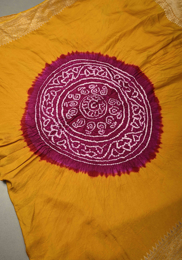 Golden Mustard Banarasi Mashru Silk Saree with Sarkam Bandhej in Shibori Mandala Design and and Zari Borders |  SILK MARK CERTIFIED | SHOBITAM