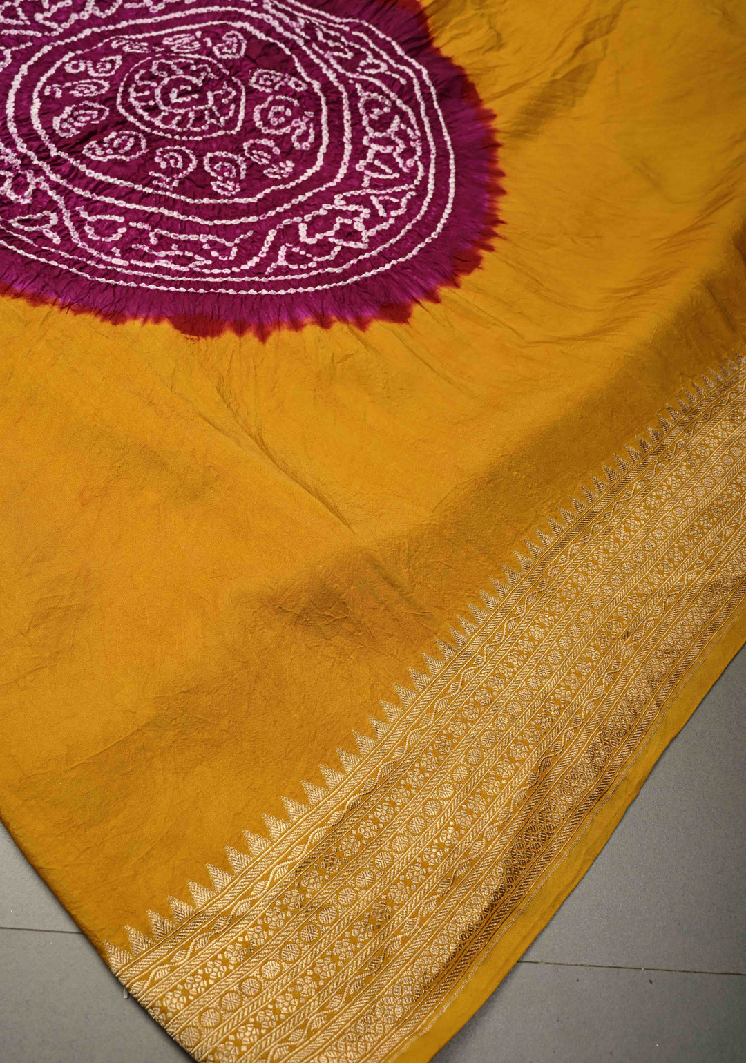 Golden Mustard Banarasi Mashru Silk Saree with Sarkam Bandhej in Shibori Mandala Design and and Zari Borders |  SILK MARK CERTIFIED | SHOBITAM