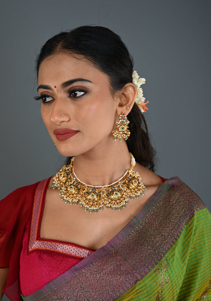 Ahmaedabadi Jadau Traditional Intricate Jadau Kundan Design Necklace with dangling Beads
