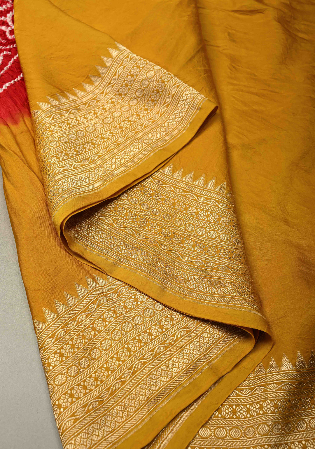 Golden Mustard Banarasi Mashru Silk Saree with Sarkam Bandhej in Shibori Mandala Design and and Zari Borders |  SILK MARK CERTIFIED | SHOBITAM