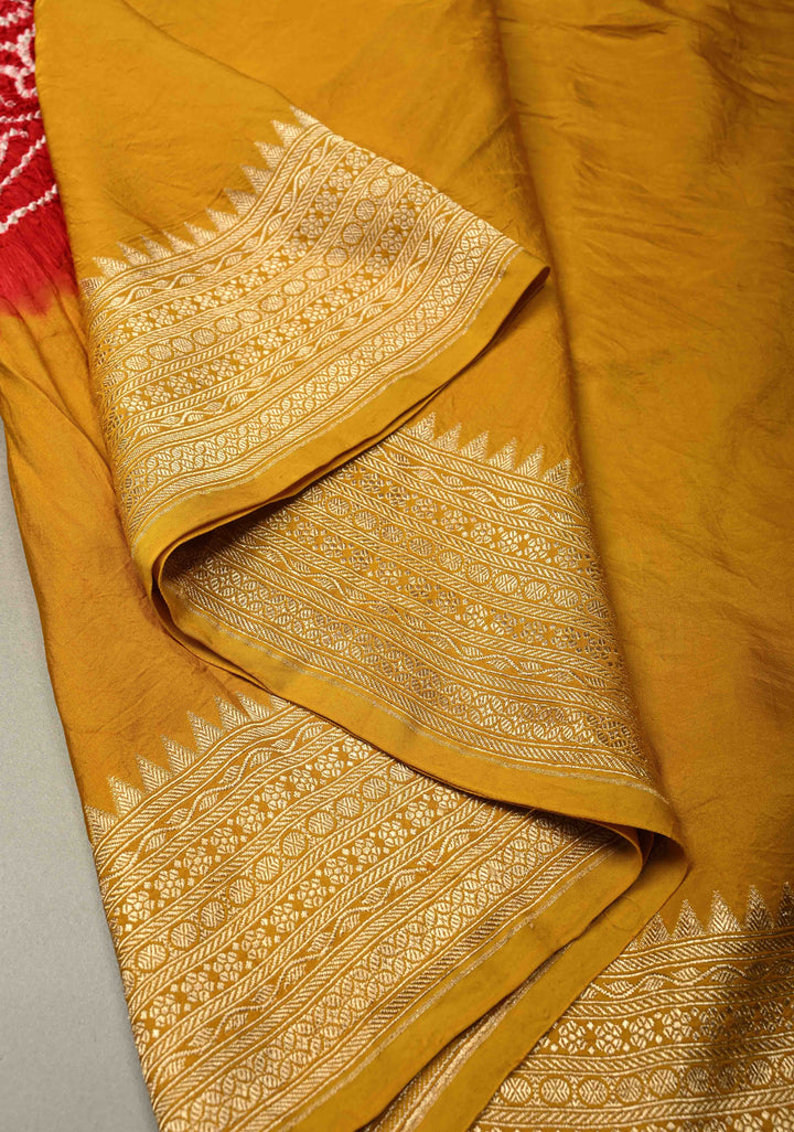 Golden Mustard Banarasi Mashru Silk Saree with Sarkam Bandhej in Shibori Mandala Design and and Zari Borders |  SILK MARK CERTIFIED | SHOBITAM