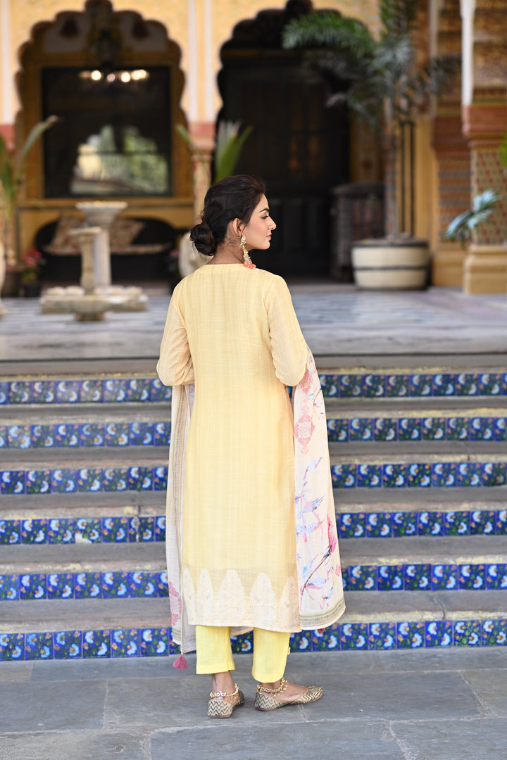 Yellow Pure Linen Floral Print Suit Set- SET OF-3 | SHOBITAM
