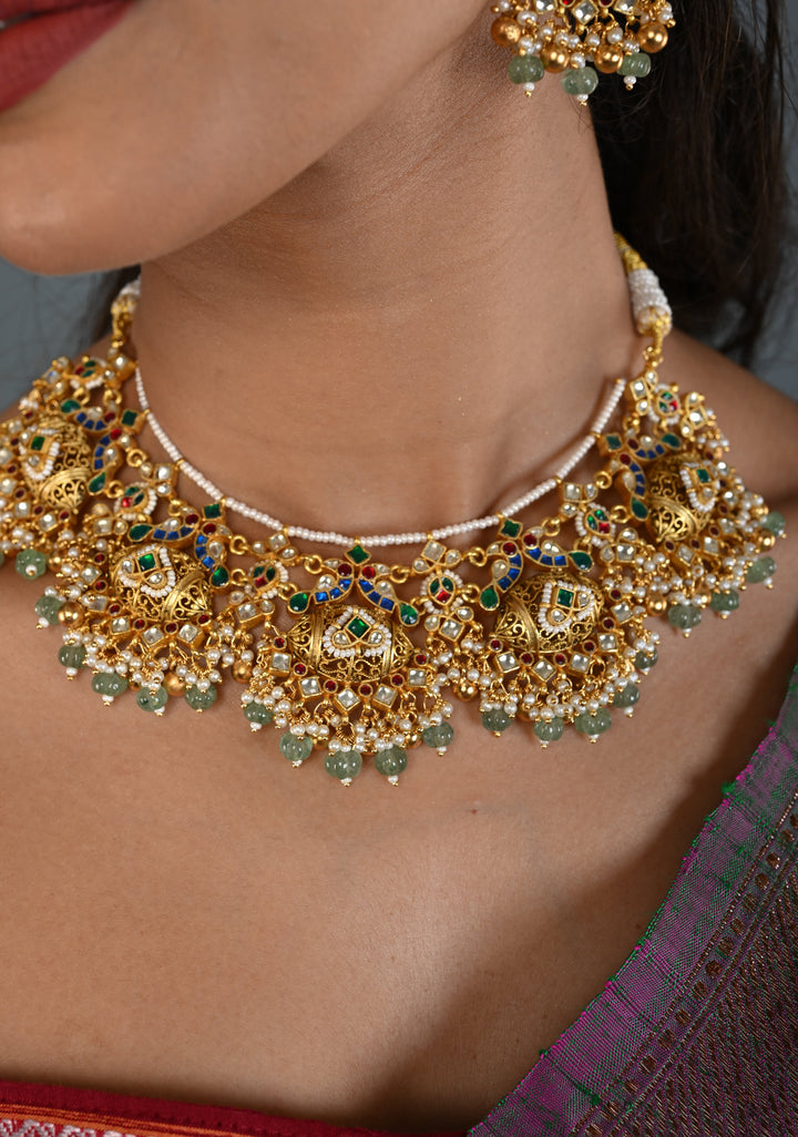 Ahmaedabadi Jadau Traditional Intricate Jadau Kundan Design Necklace with dangling Beads