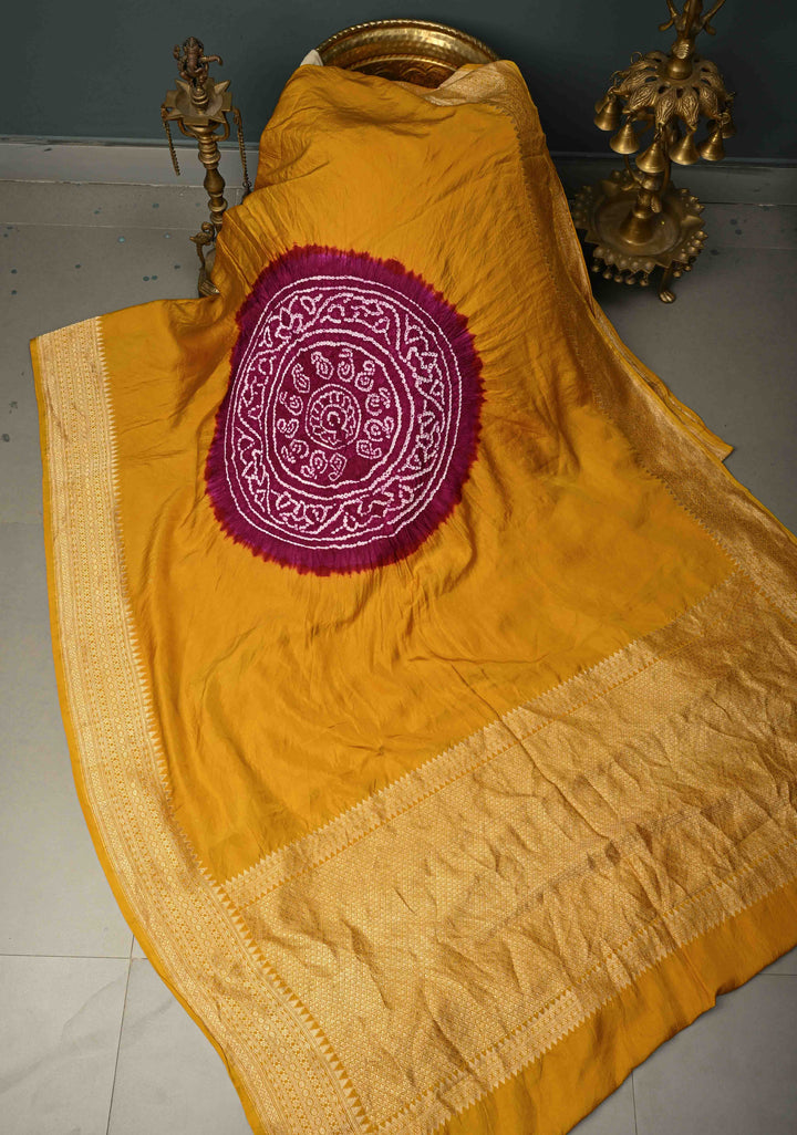 Golden Mustard Banarasi Mashru Silk Saree with Sarkam Bandhej in Shibori Mandala Design and and Zari Borders |  SILK MARK CERTIFIED | SHOBITAM