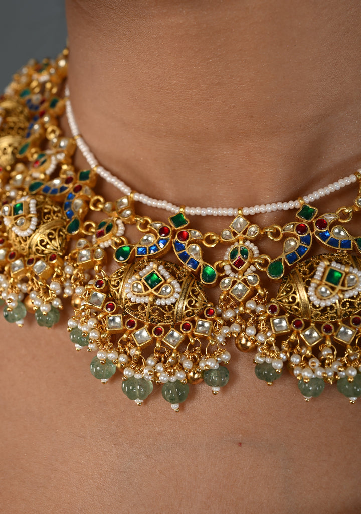 Ahmaedabadi Jadau Traditional Intricate Jadau Kundan Design Necklace with dangling Beads