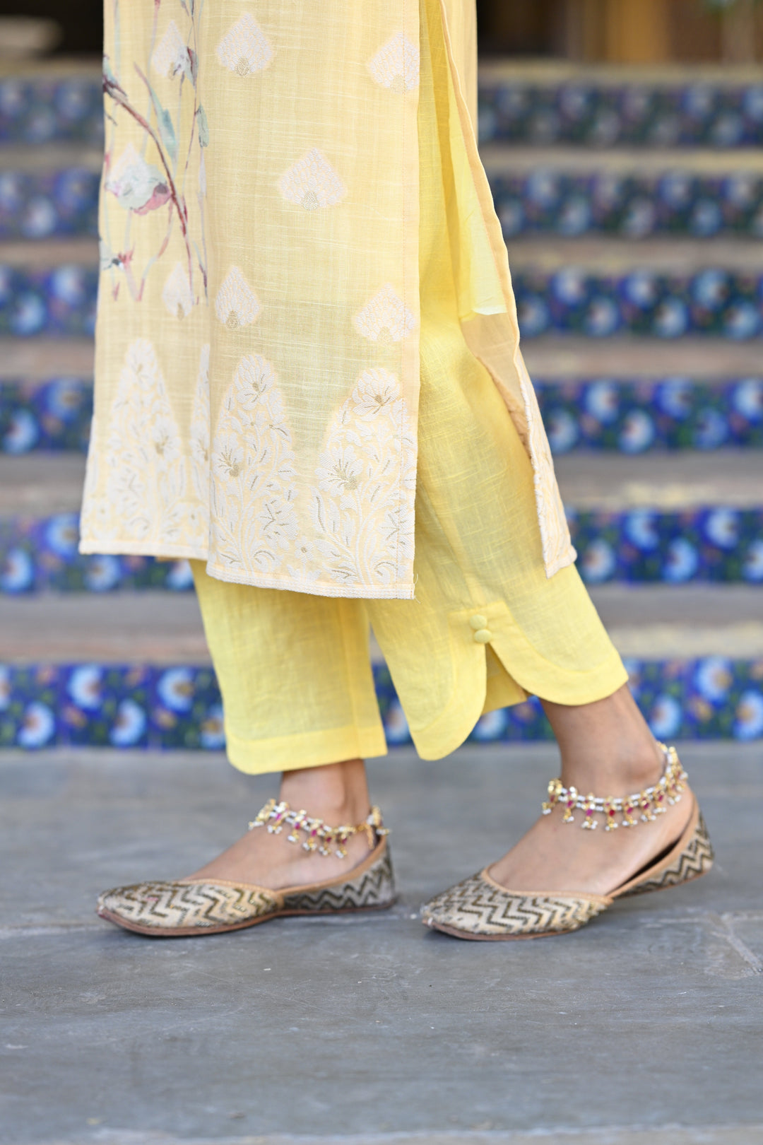 Yellow Pure Linen Floral Print Suit Set- SET OF-3 | SHOBITAM