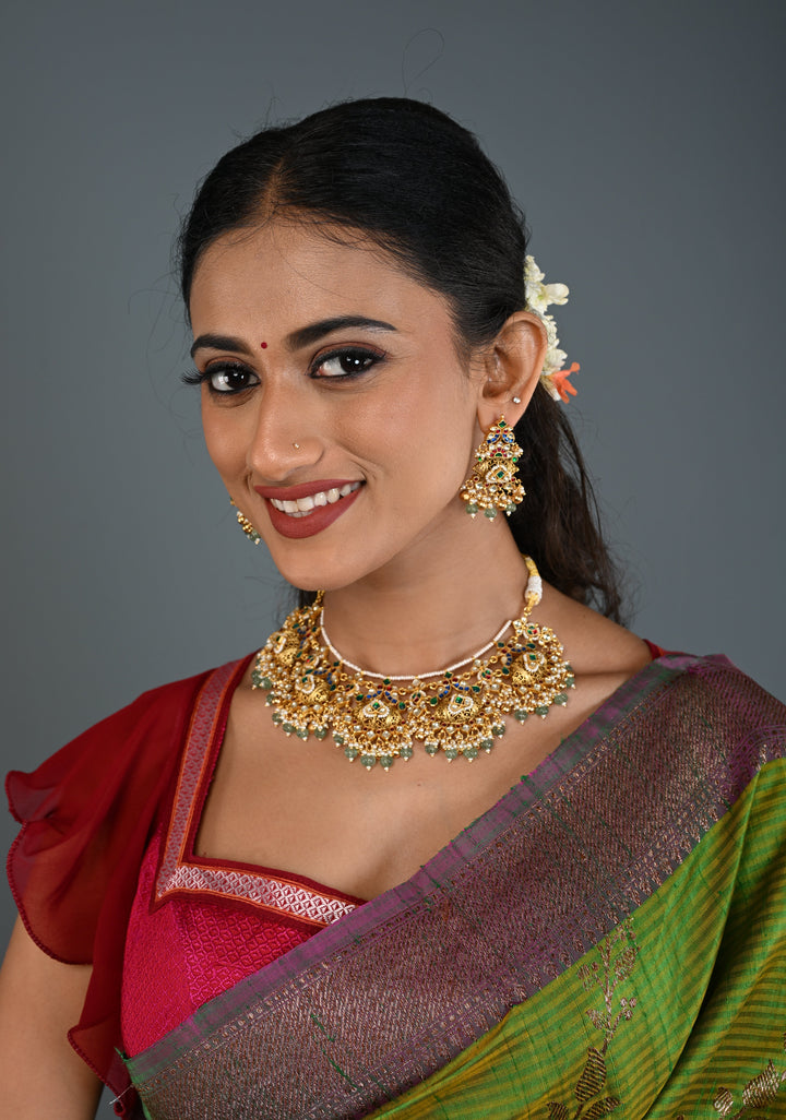 Ahmaedabadi Jadau Traditional Intricate Jadau Kundan Design Necklace with dangling Beads