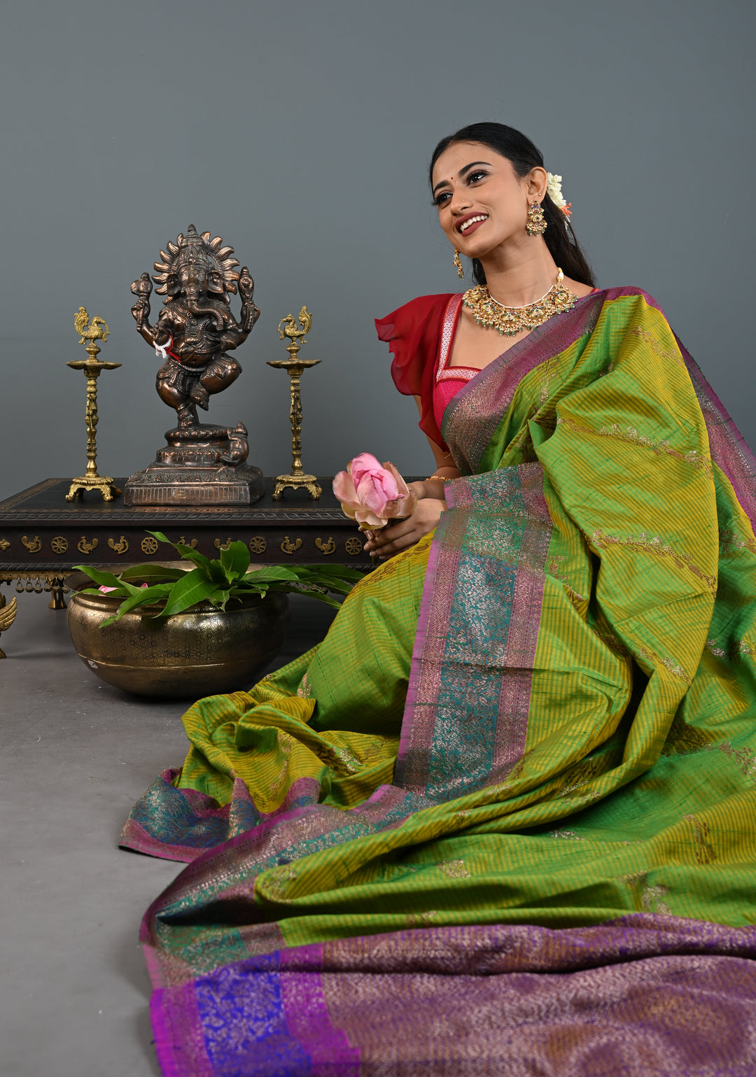 Green -Yellow Dual Tone Dupion Banarasi Pure Silk Saree with Jungla Leheria Jaal Pattern and Antique Zari Borders | SILK MARK CERTIFIED