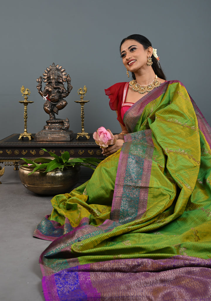 Green -Yellow Dual Tone Dupion Banarasi Pure Silk Saree with Jungla Leheria Jaal Pattern and Antique Zari Borders | SILK MARK CERTIFIED