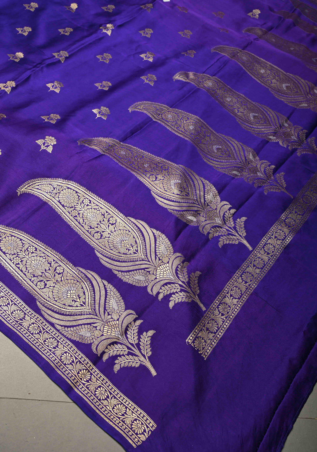 Purple Pure Banarasi Mashru Silk Saree with Floral Zari Butta and Alfi Paisley Motifs on Minimal Zari Border | SILK MARK CERTIFIED | SHOBITAM