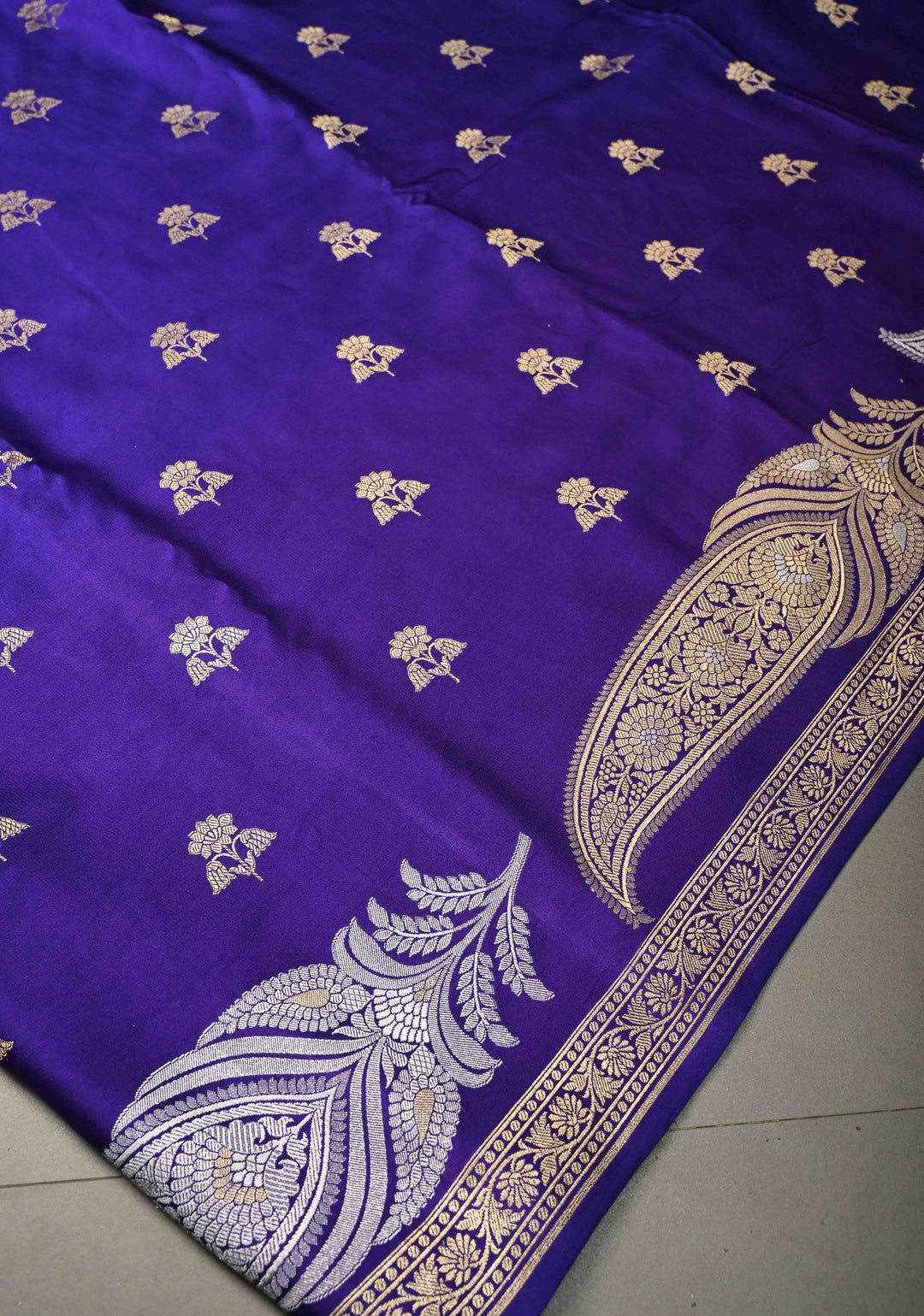 Purple Pure Banarasi Mashru Silk Saree with Floral Zari Butta and Alfi Paisley Motifs on Minimal Zari Border | SILK MARK CERTIFIED | SHOBITAM