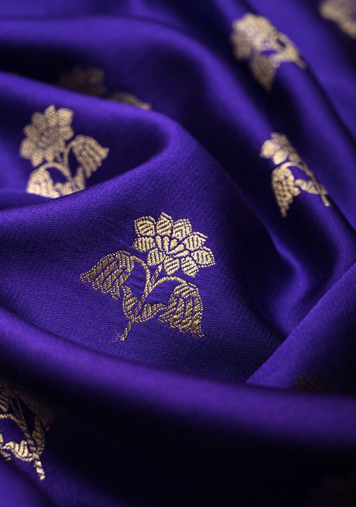 Purple Pure Banarasi Mashru Silk Saree with Floral Zari Butta and Alfi Paisley Motifs on Minimal Zari Border | SILK MARK CERTIFIED | SHOBITAM