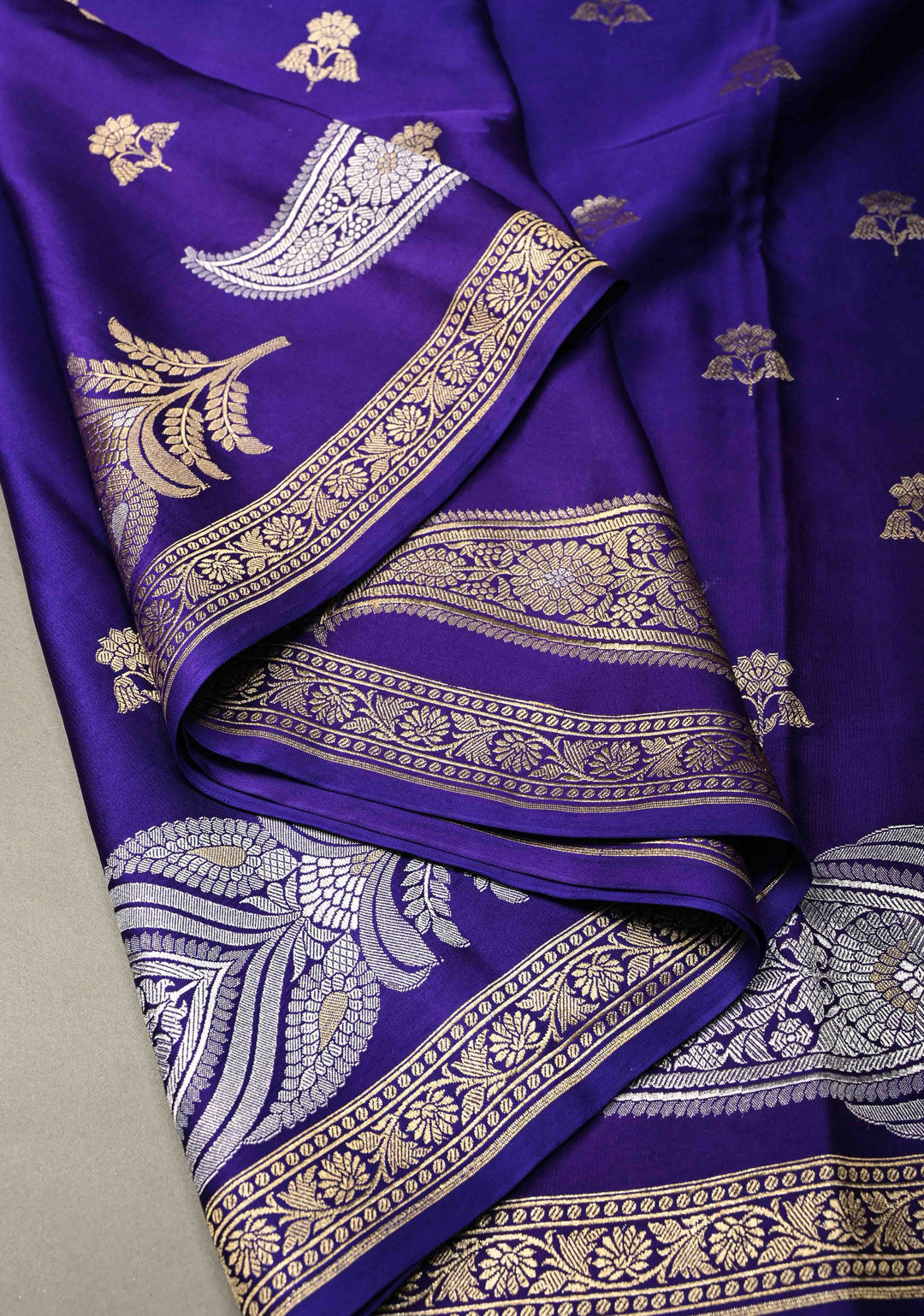 Purple Pure Banarasi Mashru Silk Saree with Floral Zari Butta and Alfi Paisley Motifs on Minimal Zari Border | SILK MARK CERTIFIED | SHOBITAM
