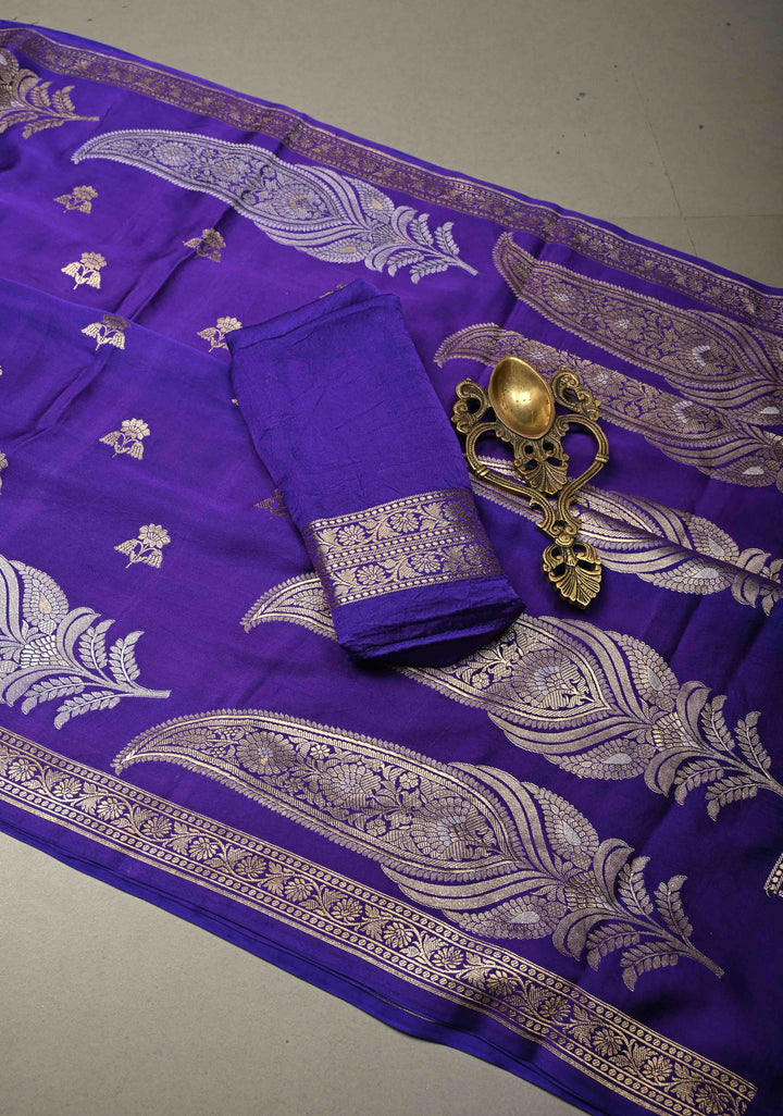Purple Pure Banarasi Mashru Silk Saree with Floral Zari Butta and Alfi Paisley Motifs on Minimal Zari Border | SILK MARK CERTIFIED | SHOBITAM
