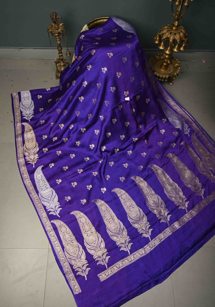 Purple Pure Banarasi Mashru Silk Saree with Floral Zari Butta and Alfi Paisley Motifs on Minimal Zari Border | SILK MARK CERTIFIED | SHOBITAM