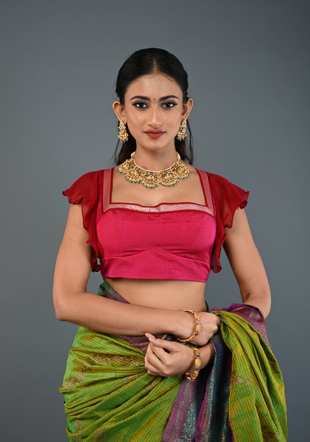 Rani Pink Khana Silk Blouse with Square-Neck and Maroon Ruffle Sleeves, Customizable, Made to Order | SHOBITAM