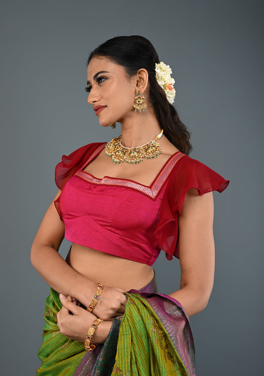 Rani Pink Khana Silk Blouse with Square-Neck and Maroon Ruffle Sleeves, Customizable, Made to Order | SHOBITAM