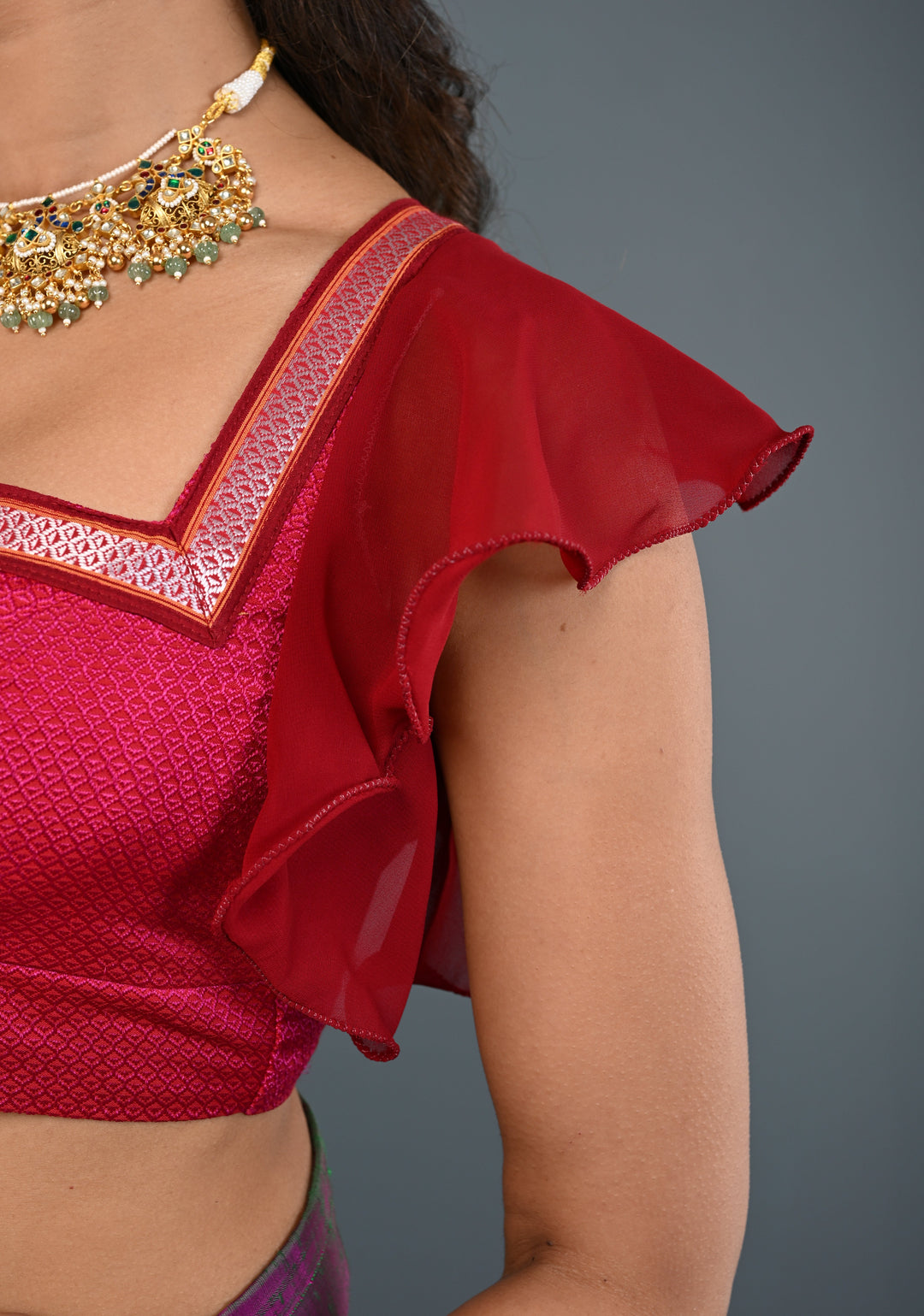 Rani Pink Khana Silk Blouse with Square-Neck and Maroon Ruffle Sleeves, Customizable, Made to Order | SHOBITAM