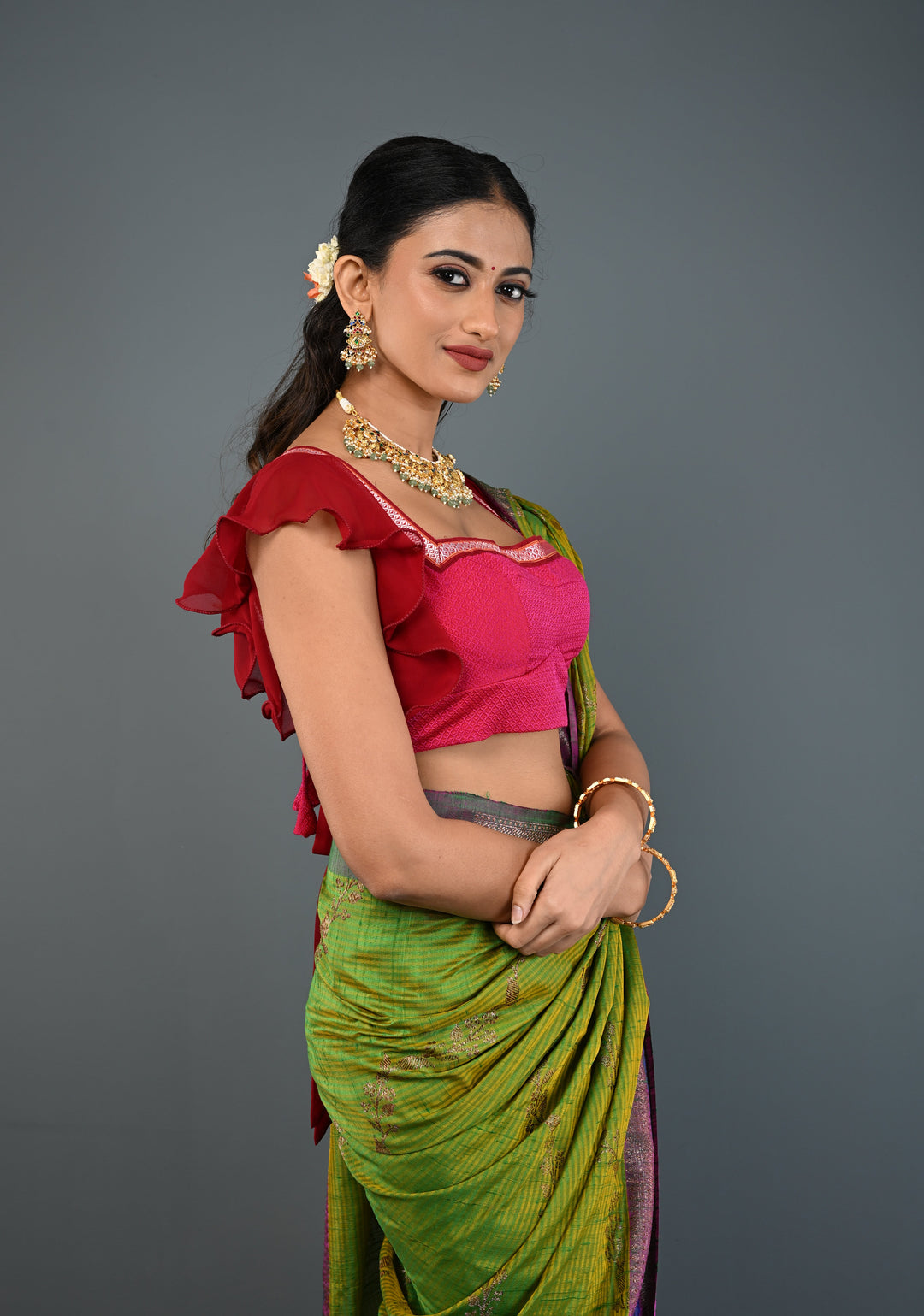 Rani Pink Khana Silk Blouse with Square-Neck and Maroon Ruffle Sleeves, Customizable, Made to Order | SHOBITAM