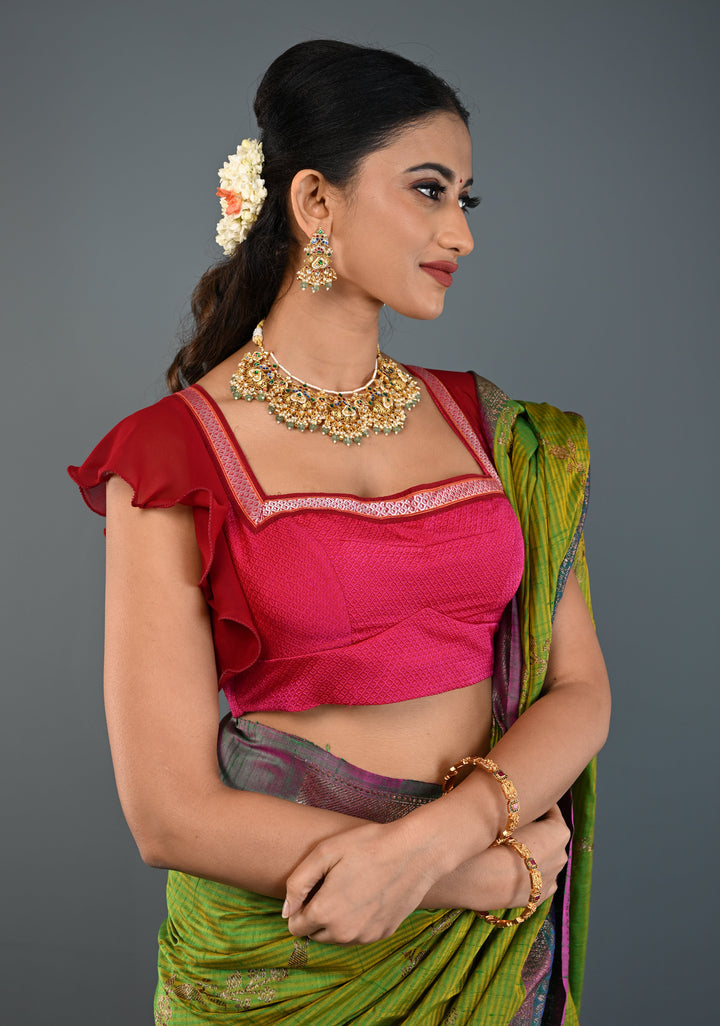 Rani Pink Khana Silk Blouse with Square-Neck and Maroon Ruffle Sleeves, Customizable, Made to Order | SHOBITAM