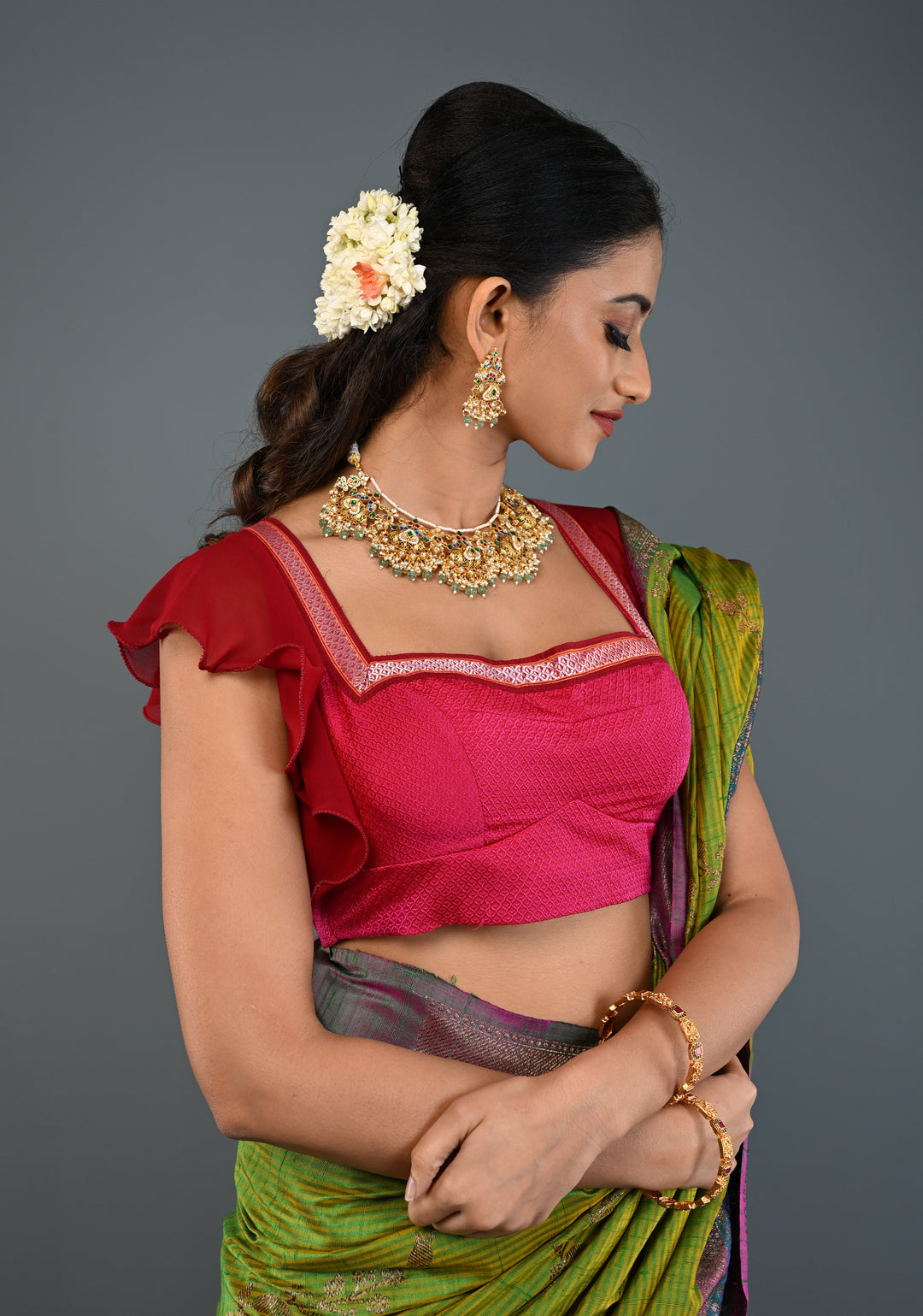 Rani Pink Khana Silk Blouse with Square-Neck and Maroon Ruffle Sleeves, Customizable, Made to Order | SHOBITAM
