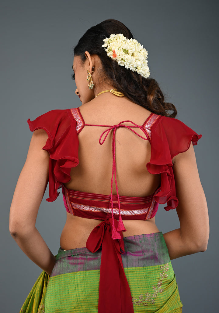 Rani Pink Khana Silk Blouse with Square-Neck and Maroon Ruffle Sleeves, Customizable, Made to Order | SHOBITAM