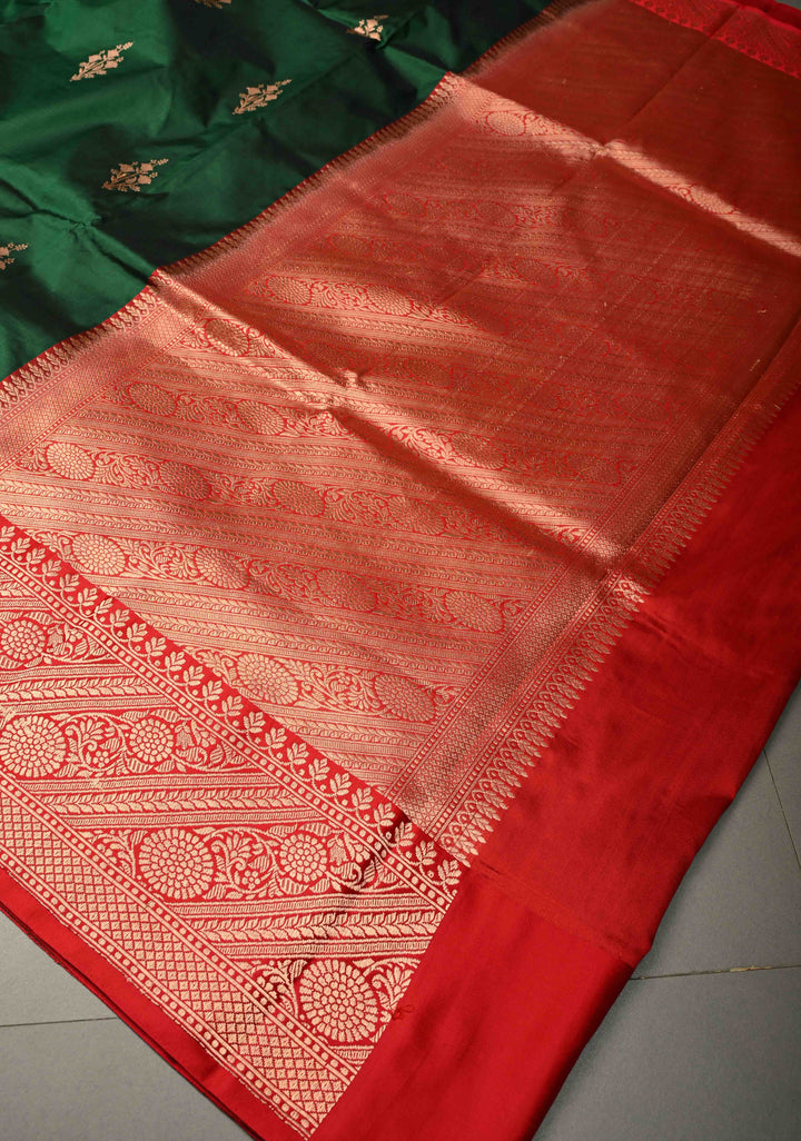 Forest Green Banarasi Katan Silk Saree with Floral Zari Buttas and Contrast Zari Border | SILK MARK CERTIFIED | SHOBITAM