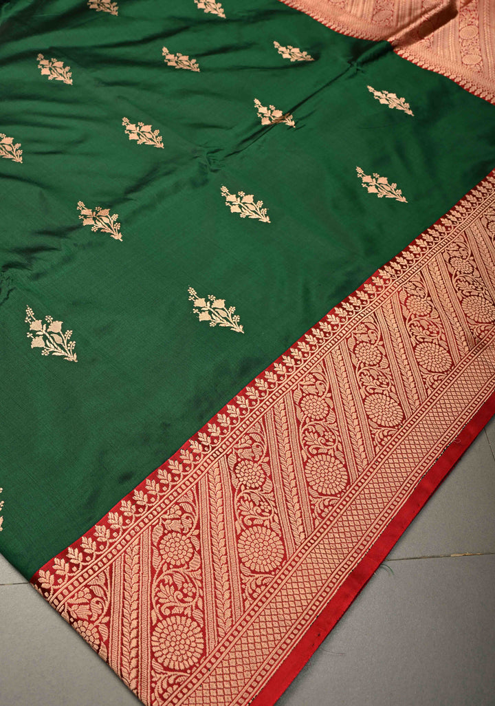 Forest Green Banarasi Katan Silk Saree with Floral Zari Buttas and Contrast Zari Border | SILK MARK CERTIFIED | SHOBITAM