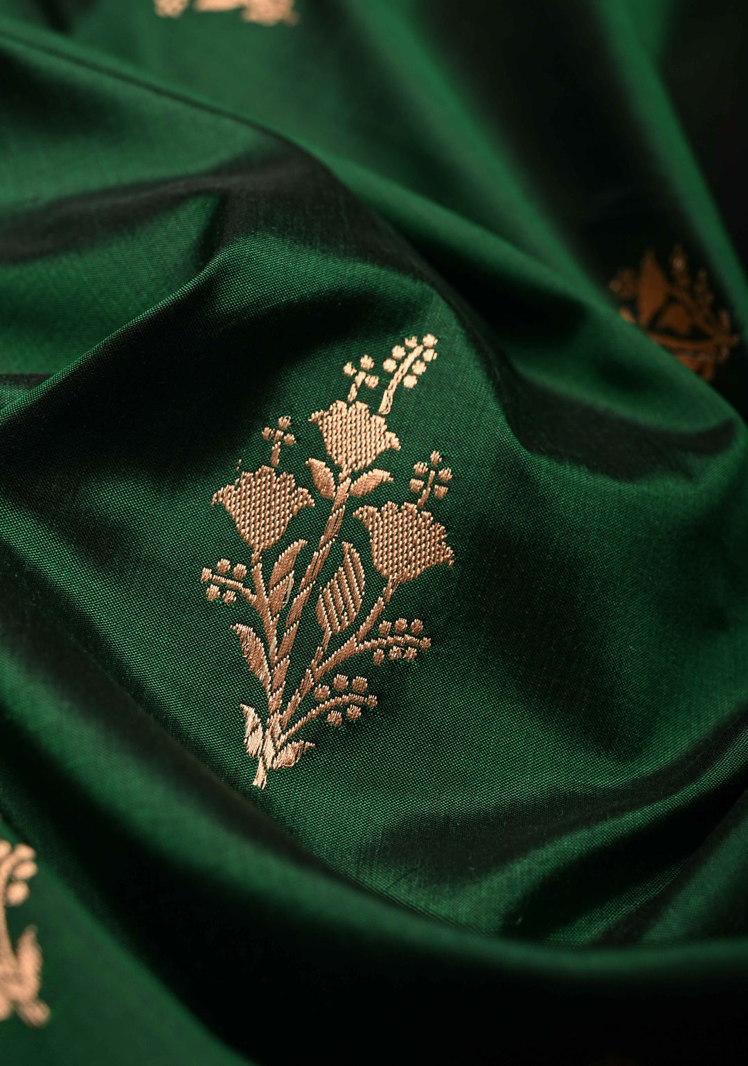 Forest Green Banarasi Katan Silk Saree with Floral Zari Buttas and Contrast Zari Border | SILK MARK CERTIFIED | SHOBITAM