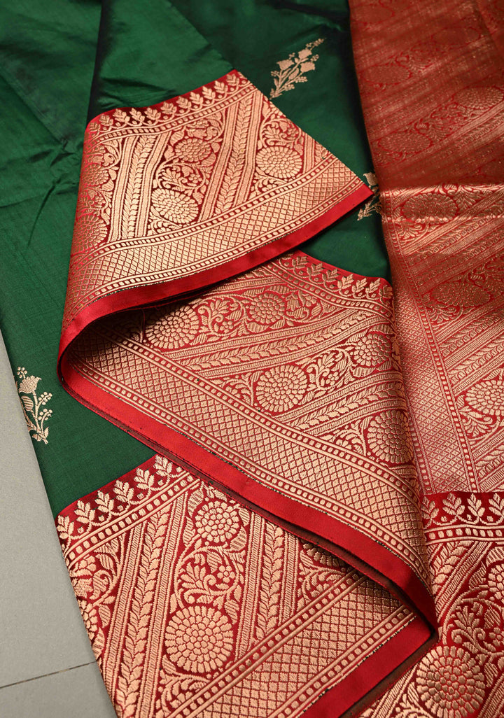 Forest Green Banarasi Katan Silk Saree with Floral Zari Buttas and Contrast Zari Border | SILK MARK CERTIFIED | SHOBITAM
