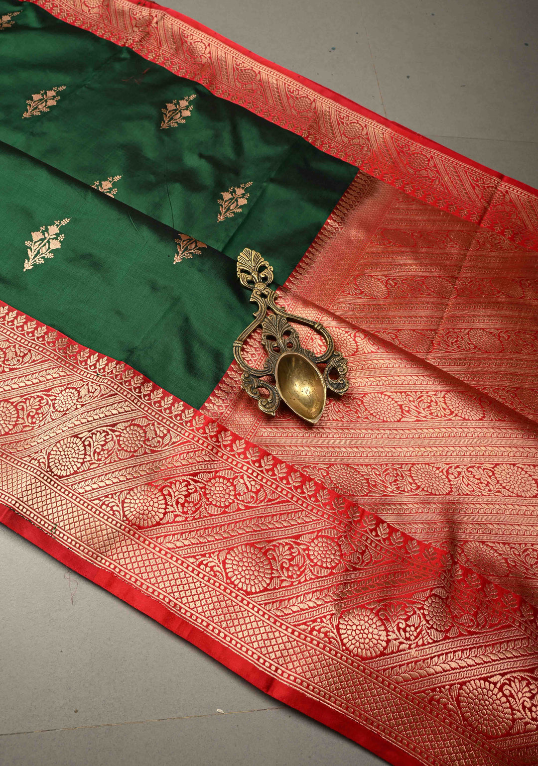 Forest Green Banarasi Katan Silk Saree with Floral Zari Buttas and Contrast Zari Border | SILK MARK CERTIFIED | SHOBITAM