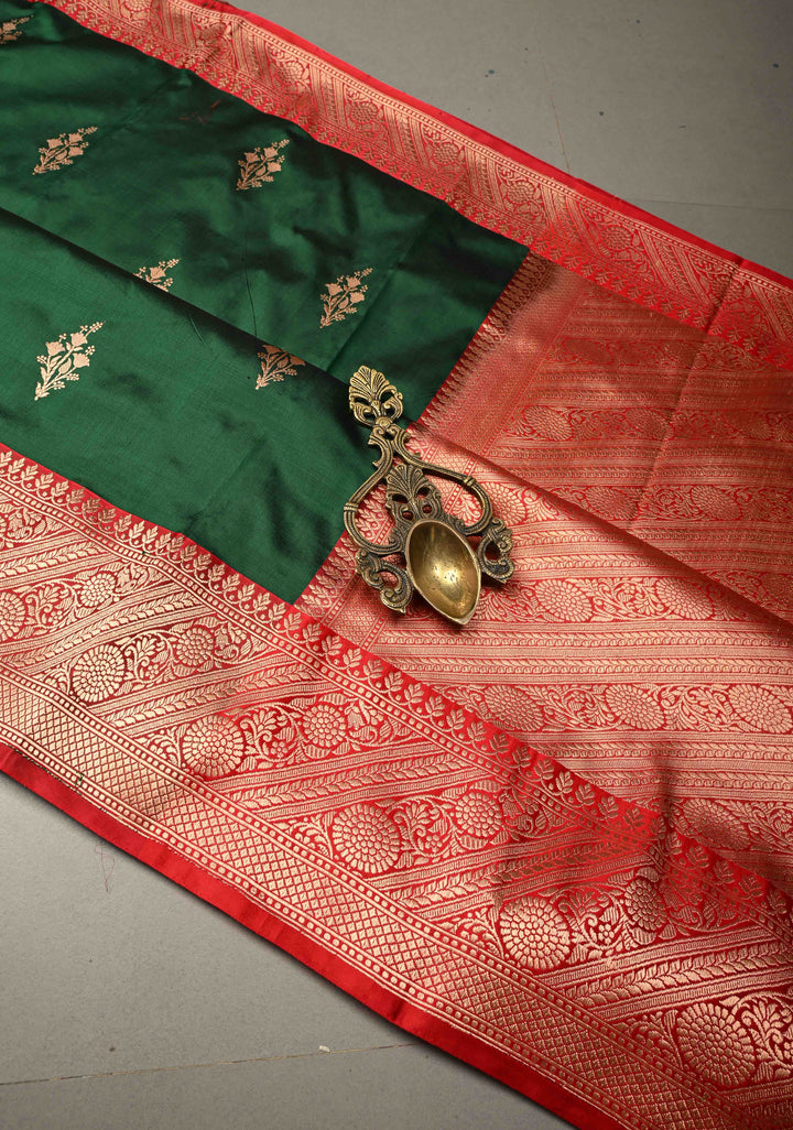 Forest Green Banarasi Katan Silk Saree with Floral Zari Buttas and Contrast Zari Border | SILK MARK CERTIFIED | SHOBITAM