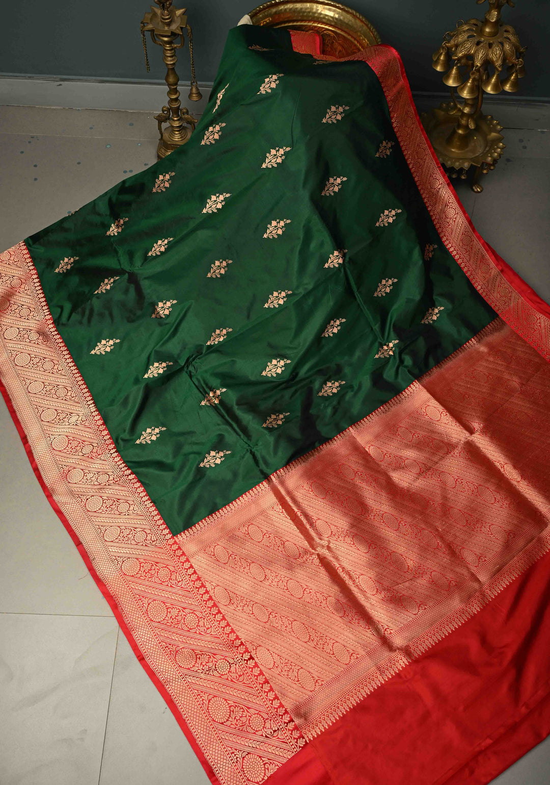 Forest Green Banarasi Katan Silk Saree with Floral Zari Buttas and Contrast Zari Border | SILK MARK CERTIFIED | SHOBITAM