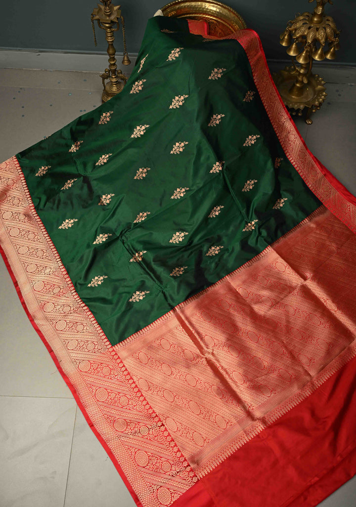 Forest Green Banarasi Katan Silk Saree with Floral Zari Buttas and Contrast Zari Border | SILK MARK CERTIFIED | SHOBITAM