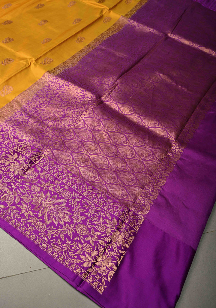 Musterd Yellow Banarasi Katan Silk Saree with Floral Zari Buttas and Contrast Zari Border | SILK MARK CERTIFIED | SHOBITAM