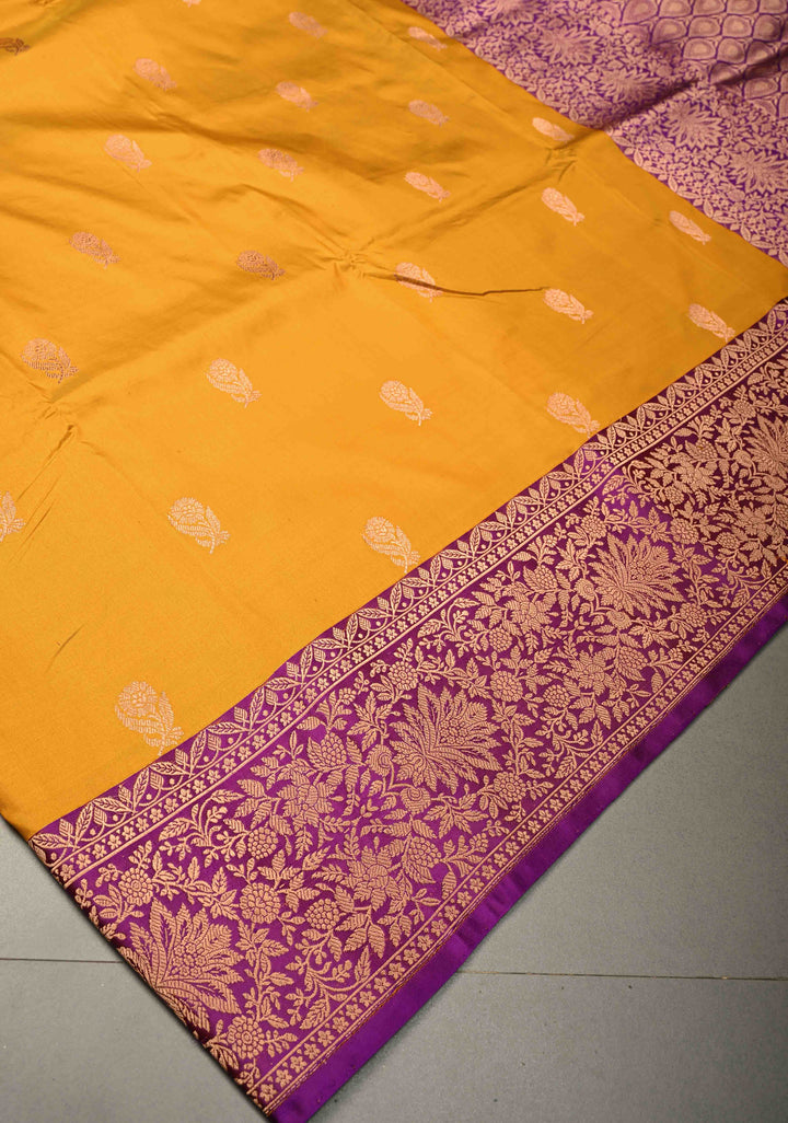 Musterd Yellow Banarasi Katan Silk Saree with Floral Zari Buttas and Contrast Zari Border | SILK MARK CERTIFIED | SHOBITAM